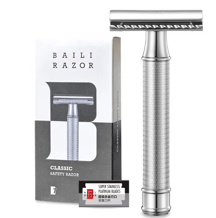 BAILI Poseidon Stainless Steel Double Edge Safety Razor Classic Wet Shave with Platinum Blades