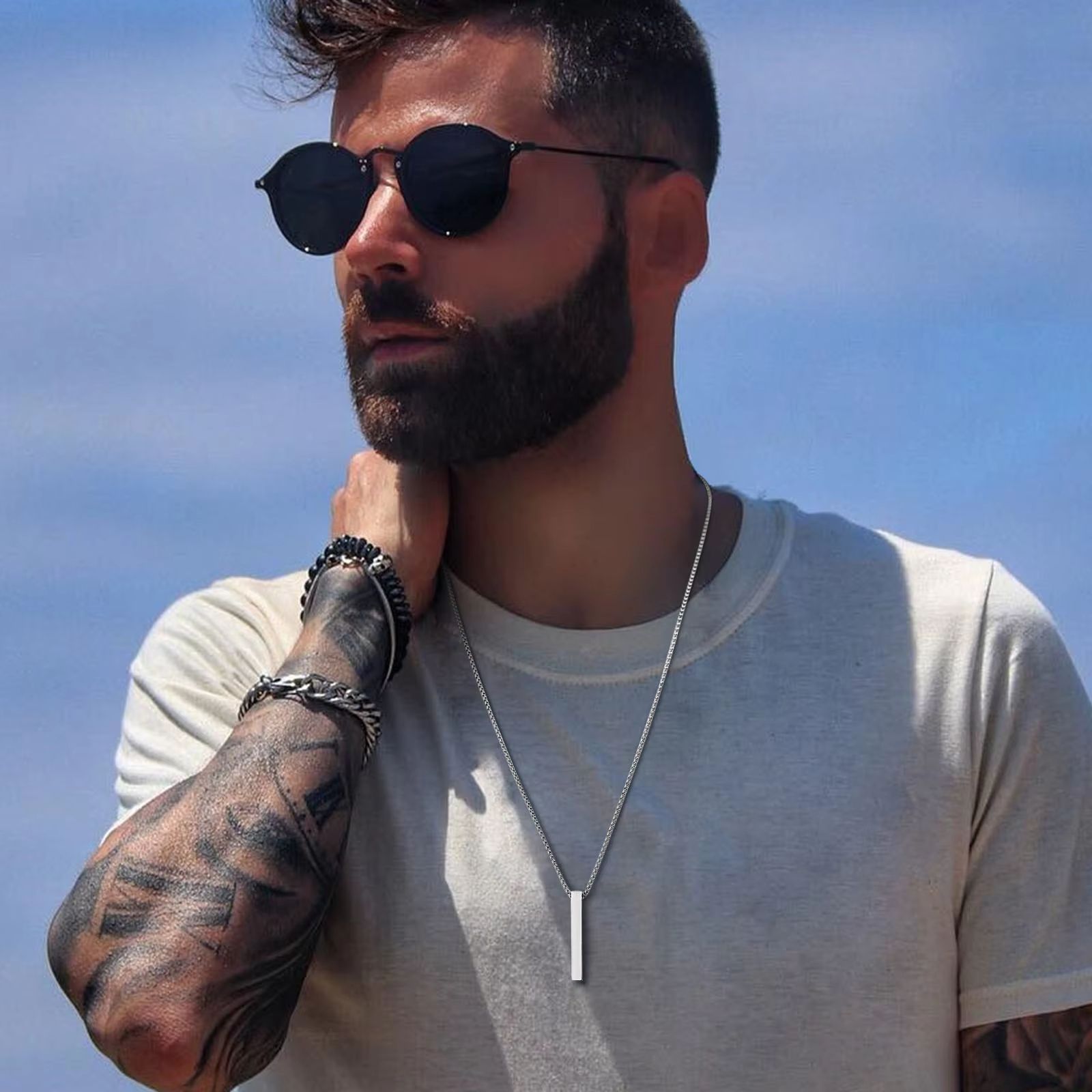 Stainless Steel Bar Pendant Necklace  Minimalist 3D Pillar Design For Men  Women 2