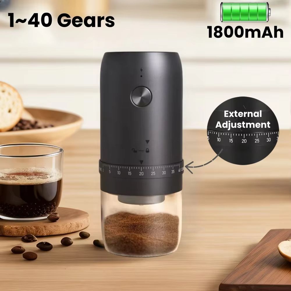 Rechargeable Electric Coffee Grinder – 1800mAh Portable Burr Grinder with 40 Adjustable Settings