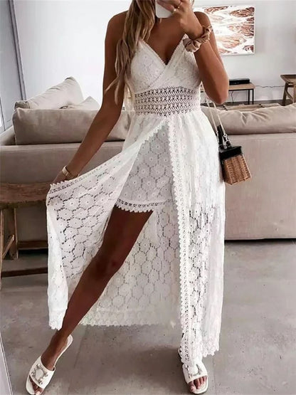 Lace Hollow Out Sleeveless Midi Dress Elegant Summer Boho Chic V Neck Playsuit Style
