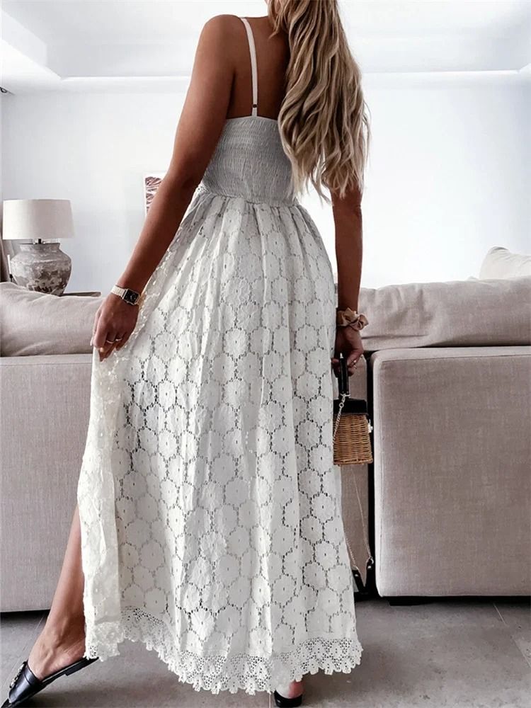 Lace Hollow Out Sleeveless Midi Dress Elegant Summer Boho Chic V Neck Playsuit Style 3