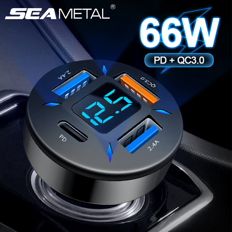 66W Quick Charge Car Phone Charger, PD & QC3.0 4 Port USB Cigarette Lighter Adapter for iPhone, Xiaomi, Samsung