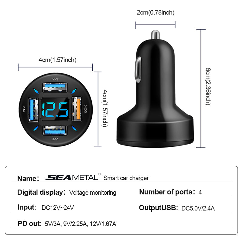 66W Quick Charge Car Phone Charger, PD & QC3.0 4 Port USB Cigarette Lighter Adapter for iPhone, Xiaomi, Samsung