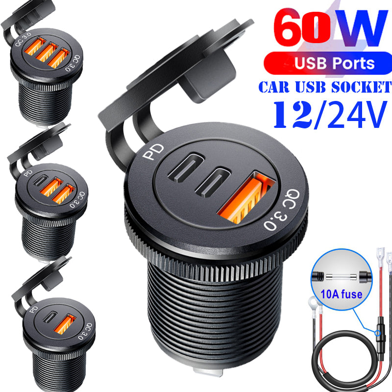 Quick Charge PD Car USB Socket Outlet Waterproof Charger for Auto Truck Motorcycle Marine Boat, Aluminum Power Socket
