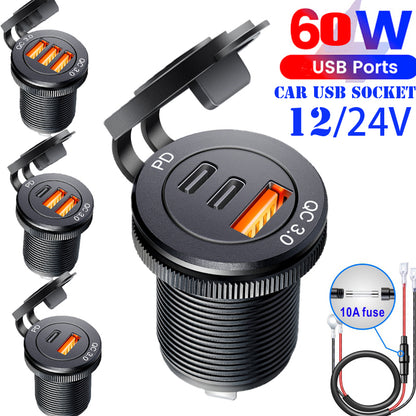 Quick Charge PD Car USB Socket Outlet Waterproof Charger for Auto Truck Motorcycle Marine Boat, Aluminum Power Socket