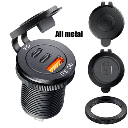 Quick Charge PD Car USB Socket Outlet Waterproof Charger for Auto Truck Motorcycle Marine Boat, Aluminum Power Socket