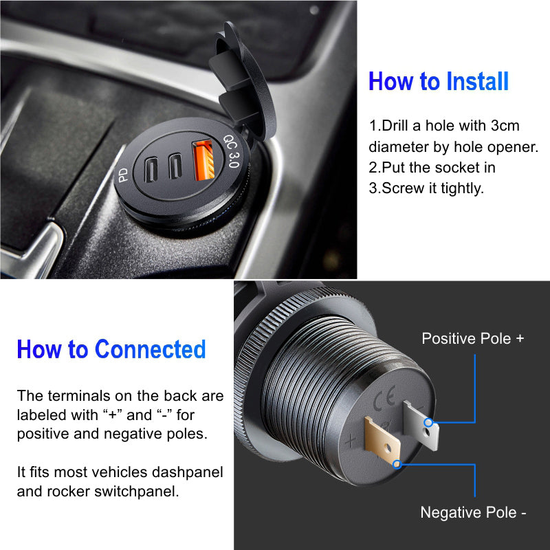 Quick Charge PD Car USB Socket Outlet Waterproof Charger for Auto Truck Motorcycle Marine Boat, Aluminum Power Socket