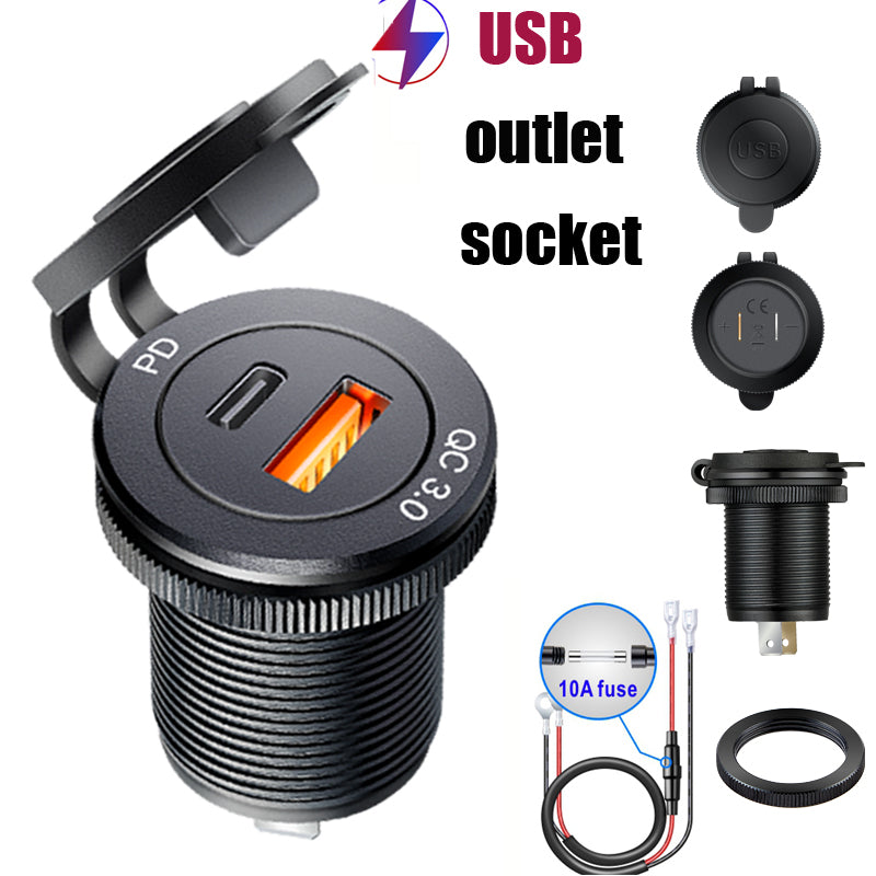 Quick Charge PD Car USB Socket Outlet Waterproof Charger for Auto Truck Motorcycle Marine Boat, Aluminum Power Socket