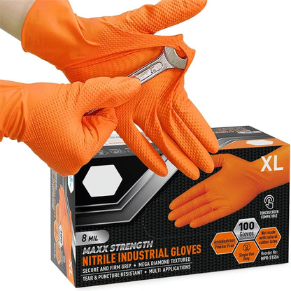 Heavy Duty Orange Nitrile Gloves 8Mil – Industrial Disposable Gloves with Diamond Grip for Mechanics & Safety Work