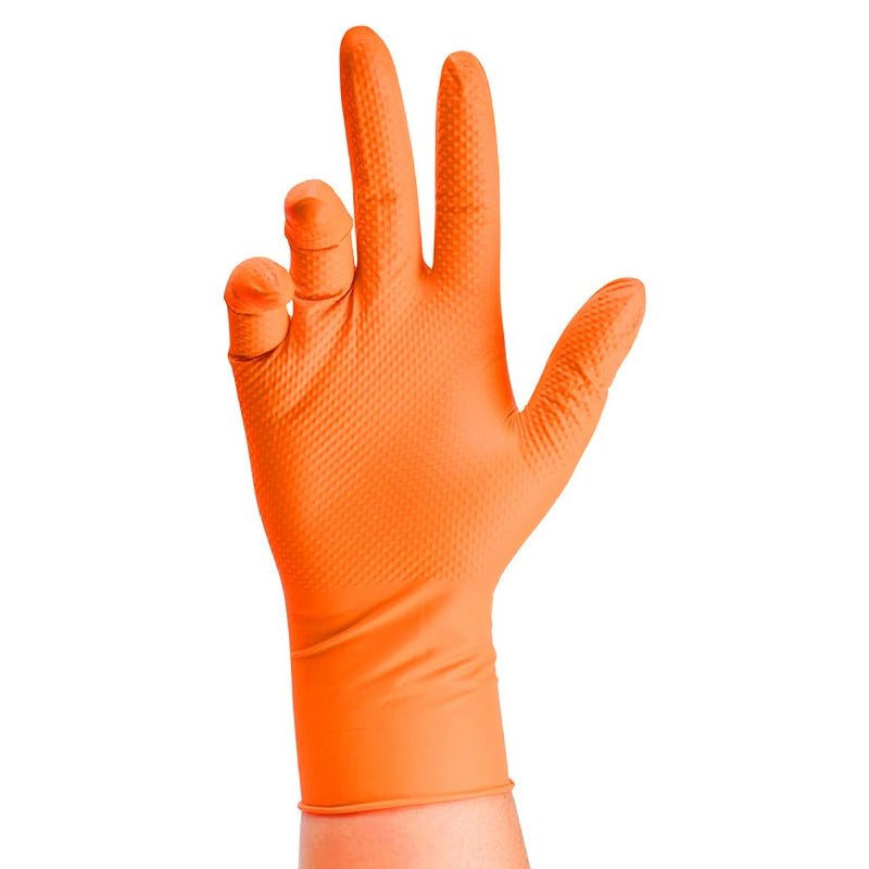 Heavy Duty Orange Nitrile Gloves 8Mil – Industrial Disposable Gloves with Diamond Grip for Mechanics & Safety Work