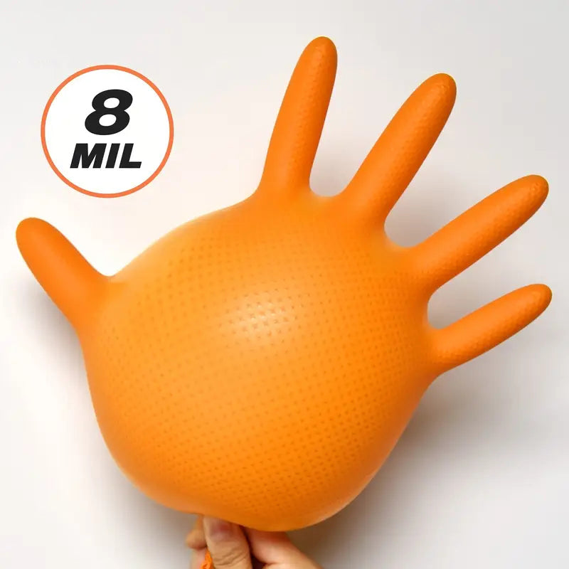 Heavy Duty Orange Nitrile Gloves 8Mil – Industrial Disposable Gloves with Diamond Grip for Mechanics & Safety Work
