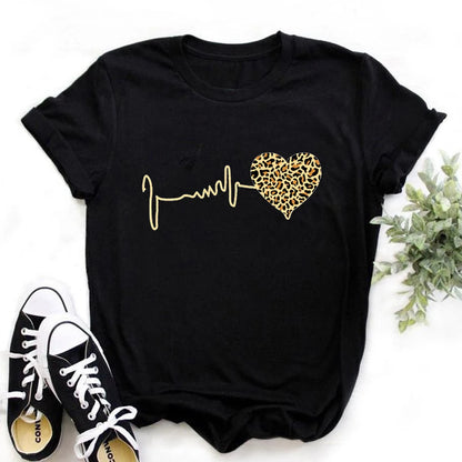 Leopard Heartbeat Short Sleeve Print Clothing Women's T-Shirt, Harajuku Graphic Casual Top Tee for Summer