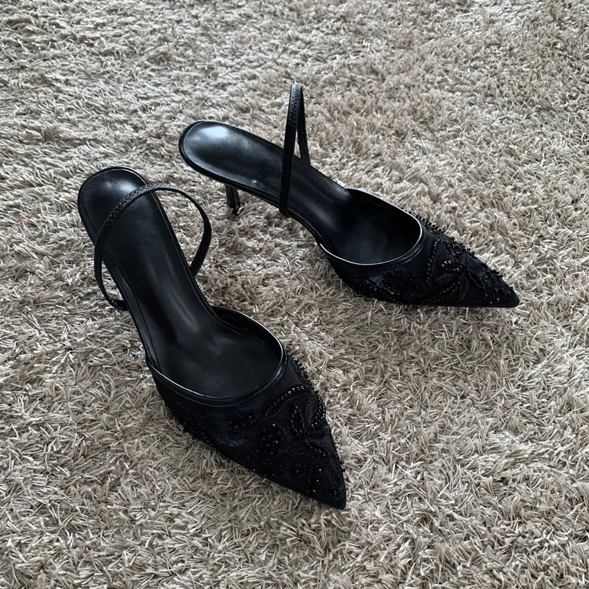 High Heels Women Sandals Mesh Embroidered Elegant Pointed Toe Slingback Party Wedding Bridal Dress Shoes for Women