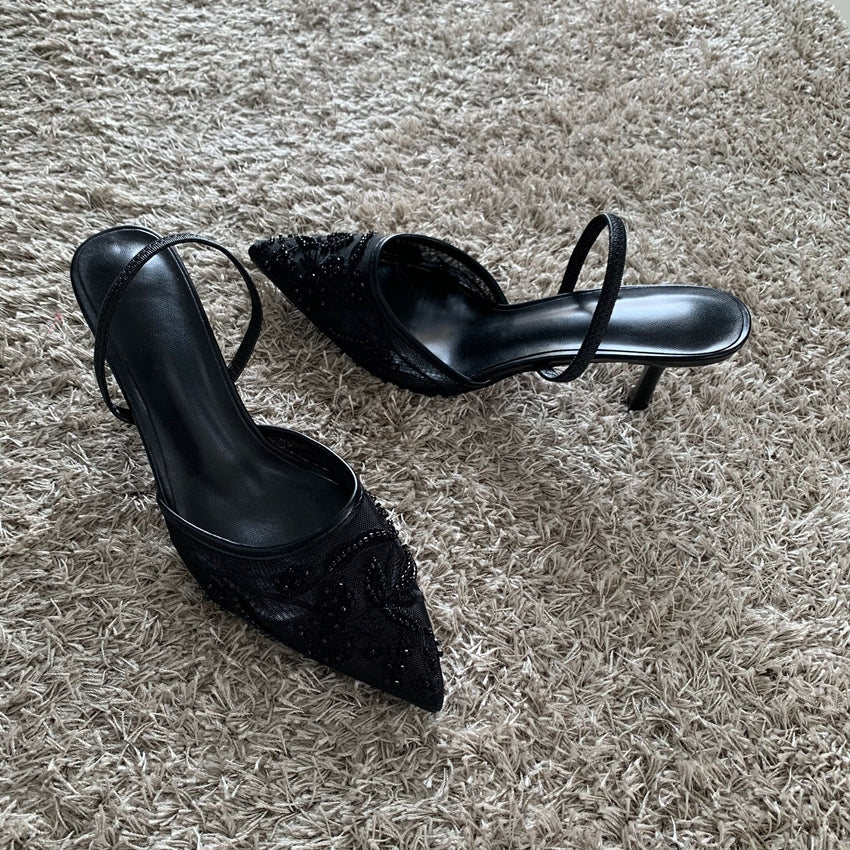 High Heels Women Sandals Mesh Embroidered Elegant Pointed Toe Slingback Party Wedding Bridal Dress Shoes for Women