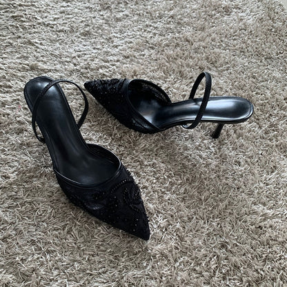 High Heels Women Sandals Mesh Embroidered Elegant Pointed Toe Slingback Party Wedding Bridal Dress Shoes for Women