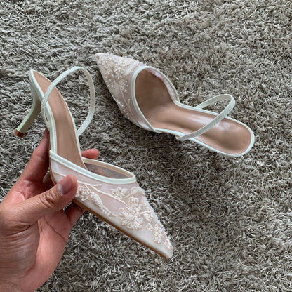 High Heels Women Sandals Mesh Embroidered Elegant Pointed Toe Slingback Party Wedding Bridal Dress Shoes for Women