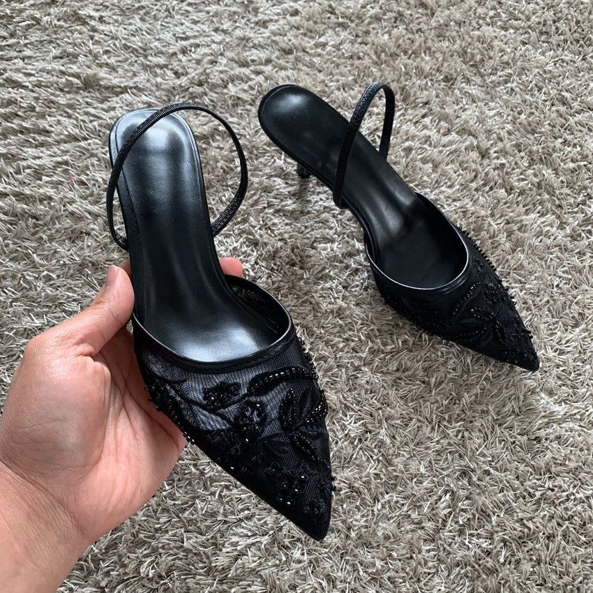 High Heels Women Sandals Mesh Embroidered Elegant Pointed Toe Slingback Party Wedding Bridal Dress Shoes for Women