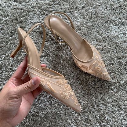 High Heels Women Sandals Mesh Embroidered Elegant Pointed Toe Slingback Party Wedding Bridal Dress Shoes for Women