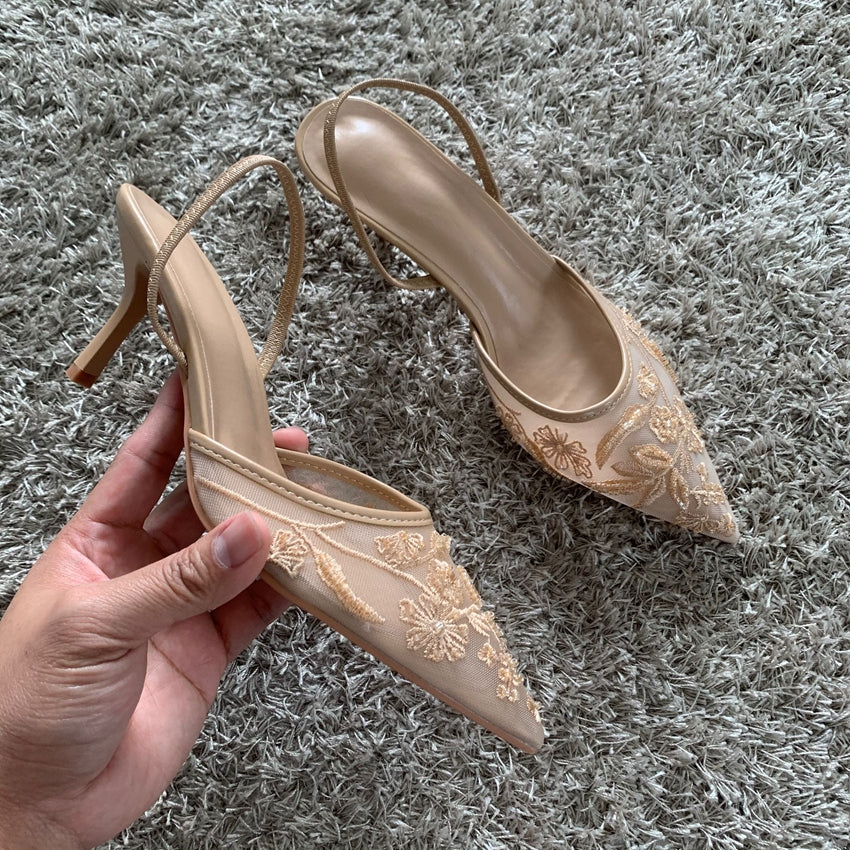 High Heels Women Sandals Mesh Embroidered Elegant Pointed Toe Slingback Party Wedding Bridal Dress Shoes for Women