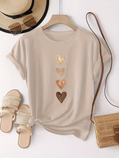 Four Heart Graphic Print Women's T-Shirt, Black & Golden Casual Short Sleeve Top with Medium Stretch & Round Neck