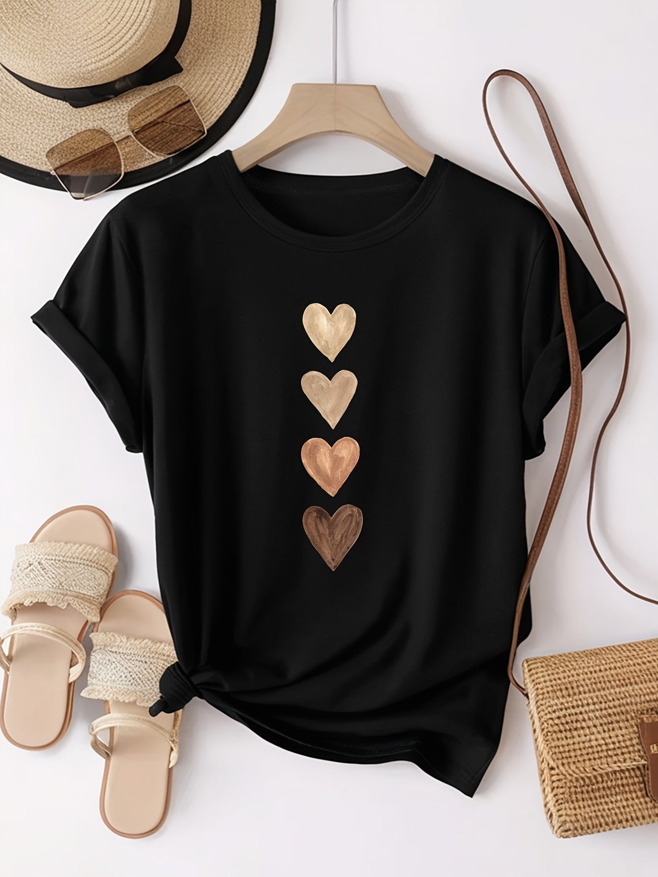 Four Heart Graphic Print Women's T-Shirt, Black & Golden Casual Short Sleeve Top with Medium Stretch & Round Neck