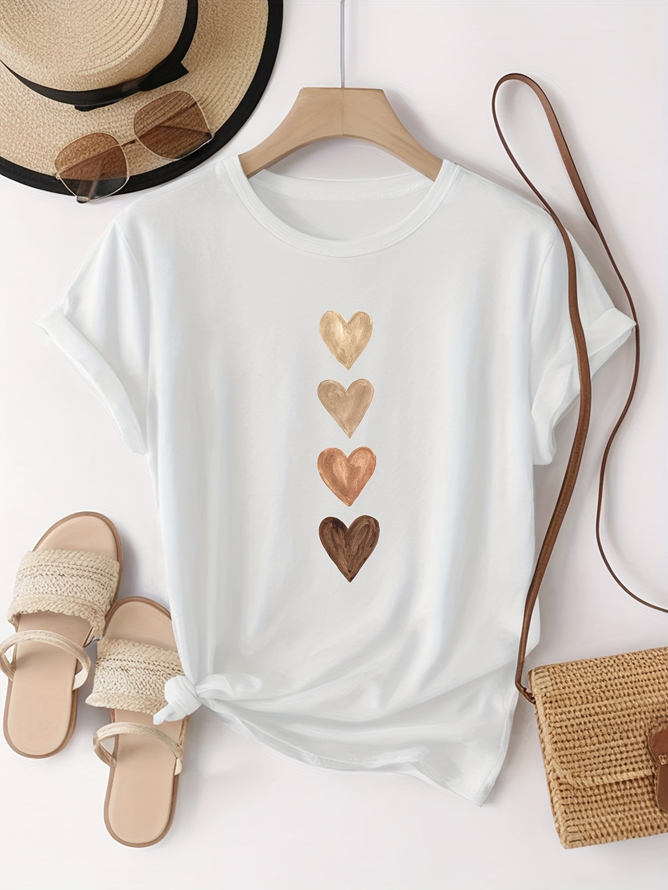 Four Heart Graphic Print Women's T-Shirt, Black & Golden Casual Short Sleeve Top with Medium Stretch & Round Neck