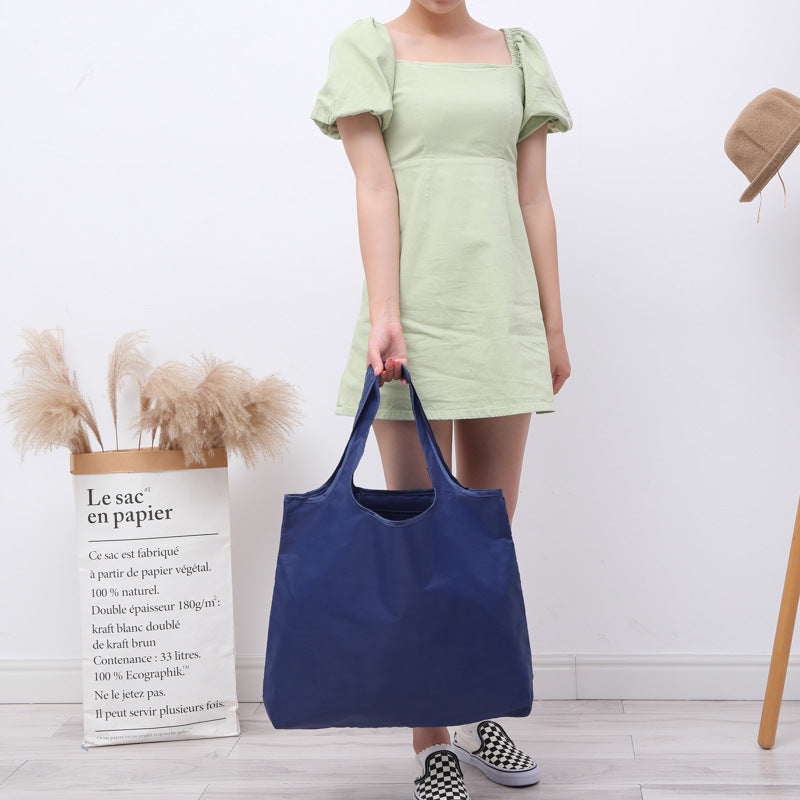 BIG Eco Friendly Folding Shopping Bag Reusable Solid Color Grocery Travel & Shoulder Handbag, Portable & Practical