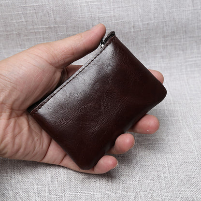 Handmade Leather Mini Coin Purse, Unisex First Layer Cowhide Zipper Wallet, Portable Retro Small Key Holder Pouch