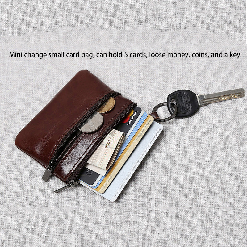 Handmade Leather Mini Coin Purse, Unisex First Layer Cowhide Zipper Wallet, Portable Retro Small Key Holder Pouch