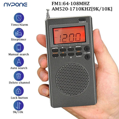 Compact Portable AM FM Radio with HD Display Alarm Clock and Sleep Timer for Home and Travel