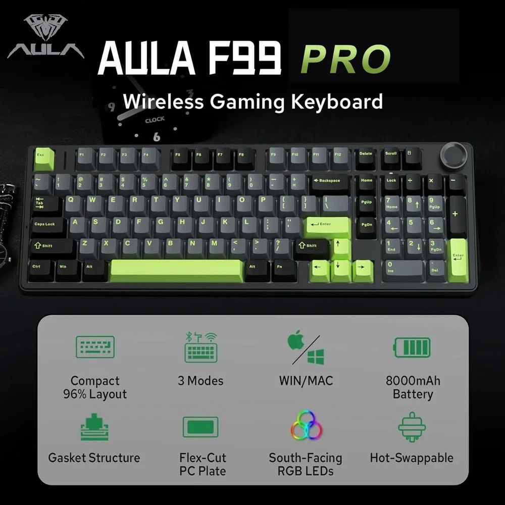 AULA F99PRO Wireless Mechanical Gaming Keyboard with Knob and Hot Swappable Gasket Mount
