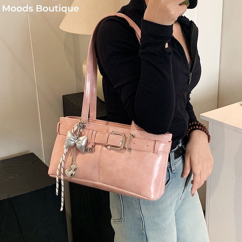 Luxury 2025 Belt Buckle Design Shoulder Satchel For Women, Designer Tote Bag With Pendant