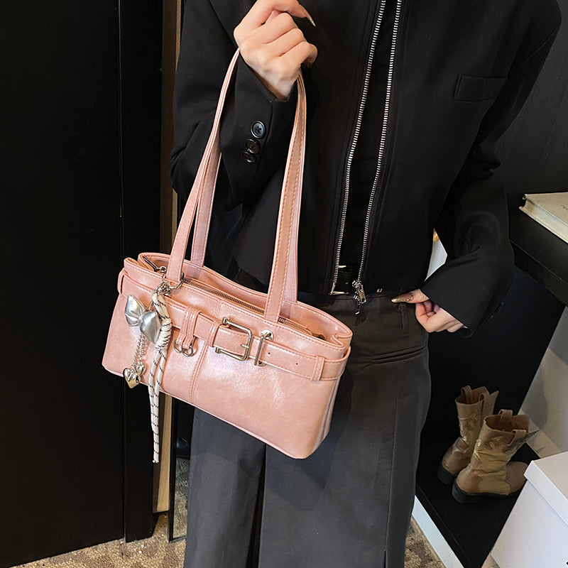 Luxury 2025 Belt Buckle Design Shoulder Satchel For Women, Designer Tote Bag With Pendant