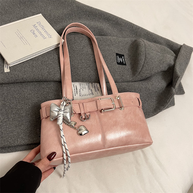 Luxury 2025 Belt Buckle Design Shoulder Satchel For Women, Designer Tote Bag With Pendant