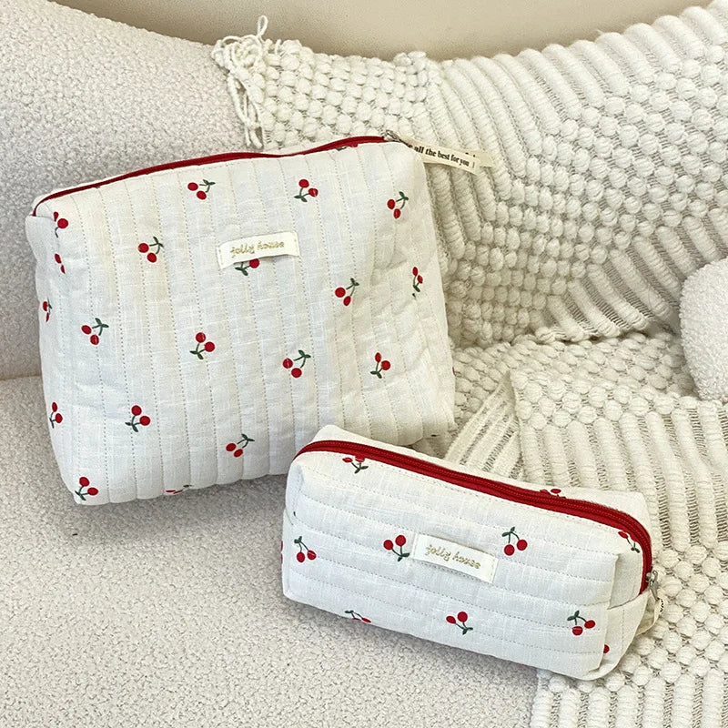 Retro Cherry Quilted Cotton Cosmetic Bag for Ladies, Travel Storage, Cute Pencil Case & Makeup Handbags for Women