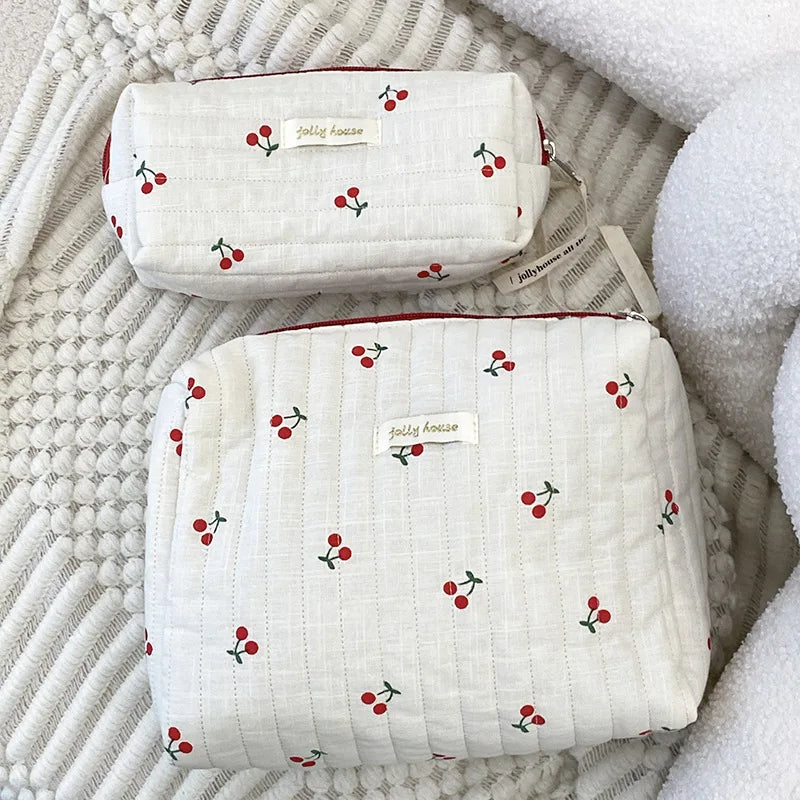 Retro Cherry Quilted Cotton Cosmetic Bag for Ladies, Travel Storage, Cute Pencil Case & Makeup Handbags for Women
