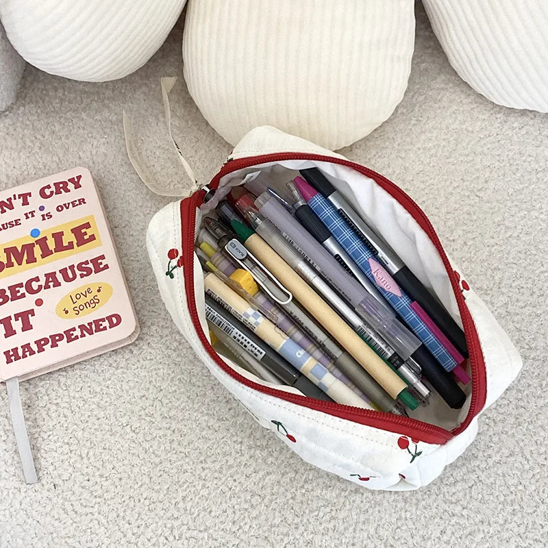 Retro Cherry Quilted Cotton Cosmetic Bag for Ladies, Travel Storage, Cute Pencil Case & Makeup Handbags for Women