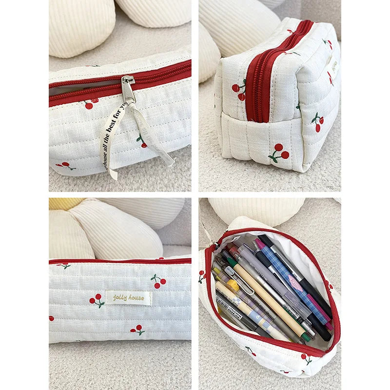 Retro Cherry Quilted Cotton Cosmetic Bag for Ladies, Travel Storage, Cute Pencil Case & Makeup Handbags for Women