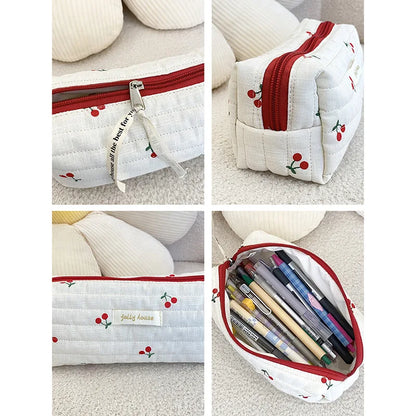 Retro Cherry Quilted Cotton Cosmetic Bag for Ladies, Travel Storage, Cute Pencil Case & Makeup Handbags for Women