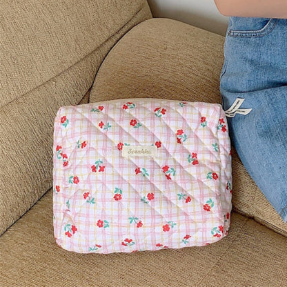 Retro Cherry Quilted Cotton Cosmetic Bag for Ladies, Travel Storage, Cute Pencil Case & Makeup Handbags for Women