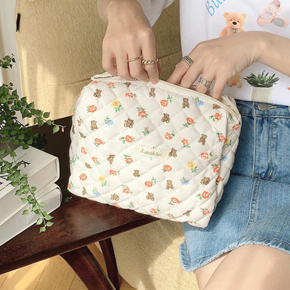 Retro Cherry Quilted Cotton Cosmetic Bag for Ladies, Travel Storage, Cute Pencil Case & Makeup Handbags for Women
