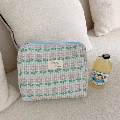 Retro Cherry Quilted Cotton Cosmetic Bag for Ladies, Travel Storage, Cute Pencil Case & Makeup Handbags for Women