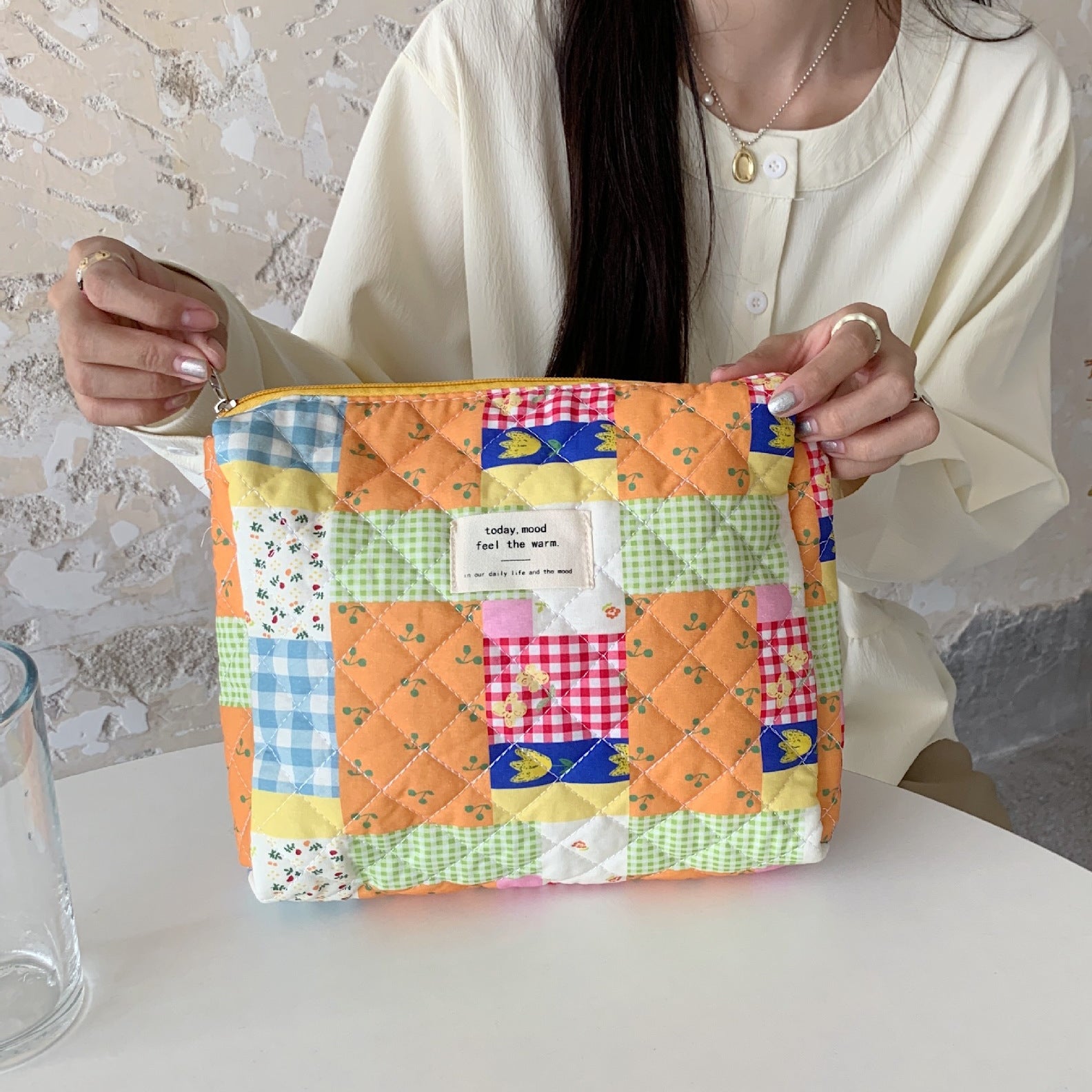 Retro Cherry Quilted Cotton Cosmetic Bag for Ladies, Travel Storage, Cute Pencil Case & Makeup Handbags for Women