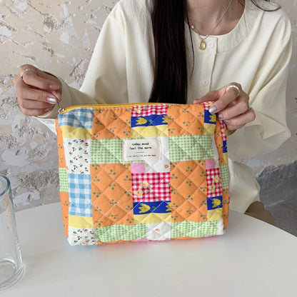 Retro Cherry Quilted Cotton Cosmetic Bag for Ladies, Travel Storage, Cute Pencil Case & Makeup Handbags for Women
