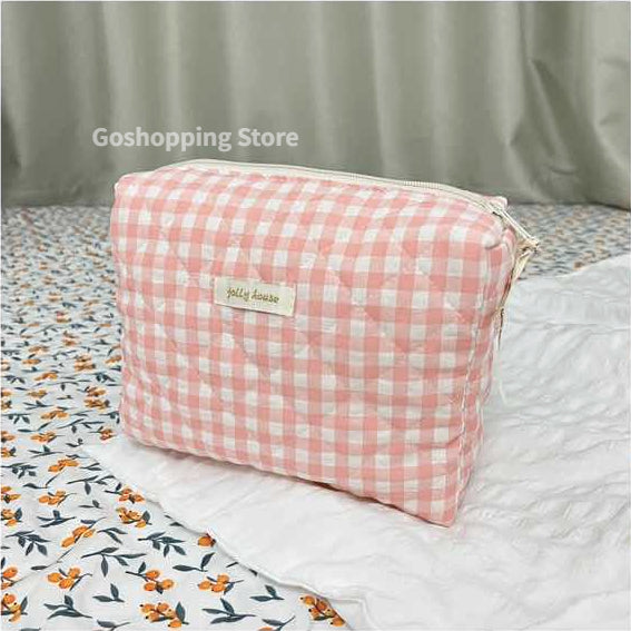 Retro Cherry Quilted Cotton Cosmetic Bag for Ladies, Travel Storage, Cute Pencil Case & Makeup Handbags for Women