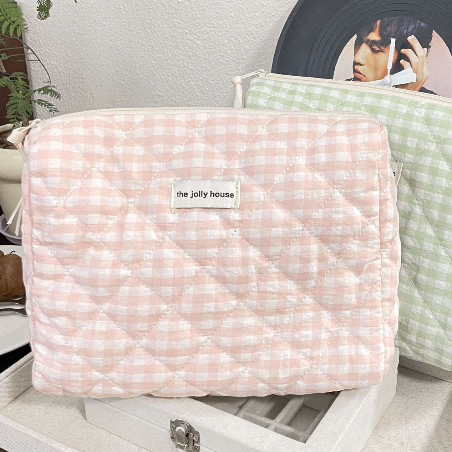 Retro Cherry Quilted Cotton Cosmetic Bag for Ladies, Travel Storage, Cute Pencil Case & Makeup Handbags for Women