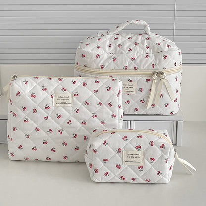 Portable Cherry Makeup Bag for Women Cotton Quilted Zipper Handbag, Cute Fashion Travel Cosmetic Pouch, Toiletry Storage