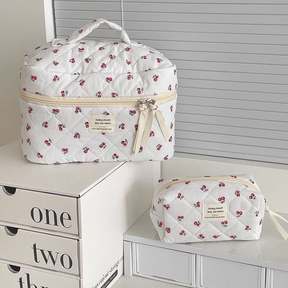 Portable Cherry Makeup Bag for Women Cotton Quilted Zipper Handbag, Cute Fashion Travel Cosmetic Pouch, Toiletry Storage