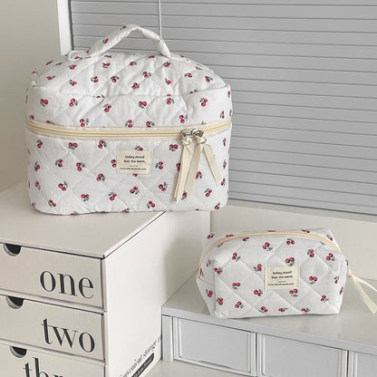 Portable Cherry Makeup Bag for Women Cotton Quilted Zipper Handbag, Cute Fashion Travel Cosmetic Pouch, Toiletry Storage