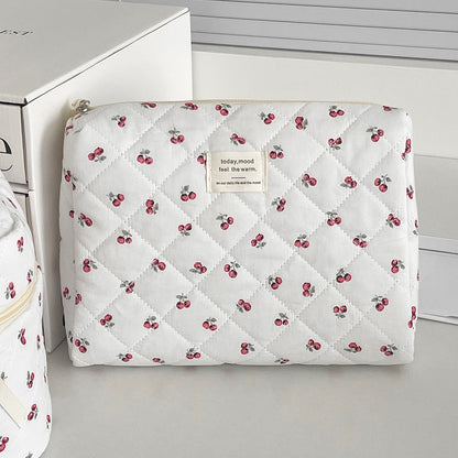 Portable Cherry Makeup Bag for Women Cotton Quilted Zipper Handbag, Cute Fashion Travel Cosmetic Pouch, Toiletry Storage